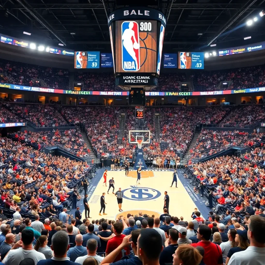A packed basketball arena during the NBA season preview featuring the Cleveland Cavaliers
