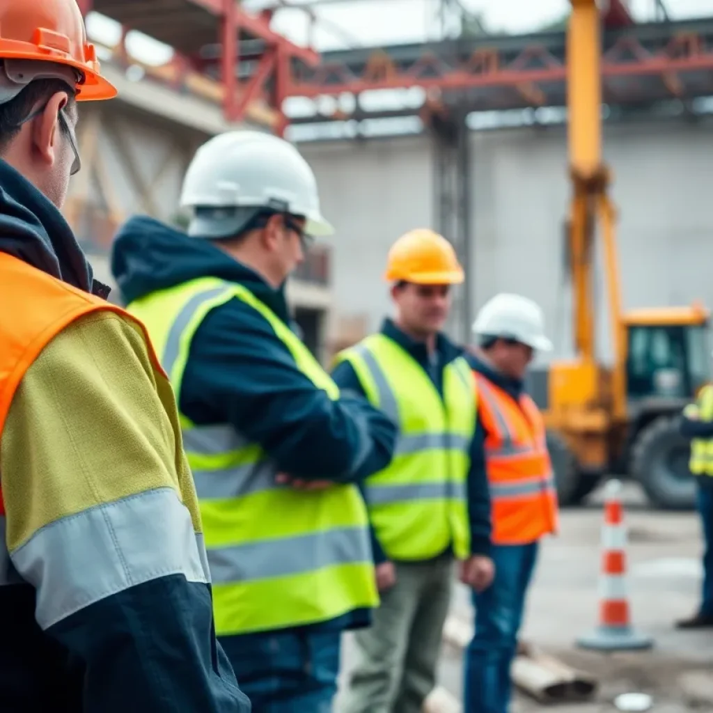 A busy construction site showcasing cranes and workers in safety gear.
