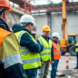 A busy construction site showcasing cranes and workers in safety gear.