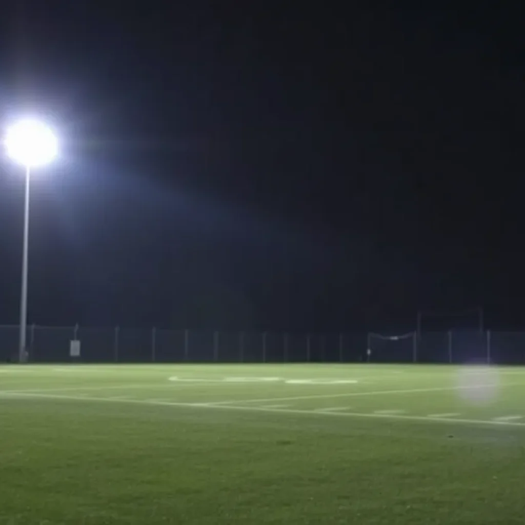 Empty football field with flashing police lights