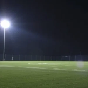 Empty football field with flashing police lights