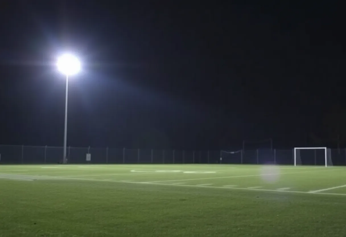 Empty football field with flashing police lights