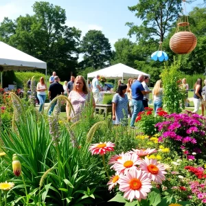 People enjoying a garden event in Cleveland with flowers and greenery