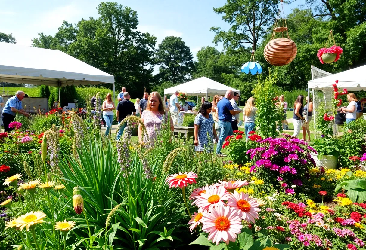 People enjoying a garden event in Cleveland with flowers and greenery