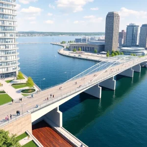 Rendering of Cleveland's lakefront redevelopment featuring a pedestrian bridge and urban green spaces.