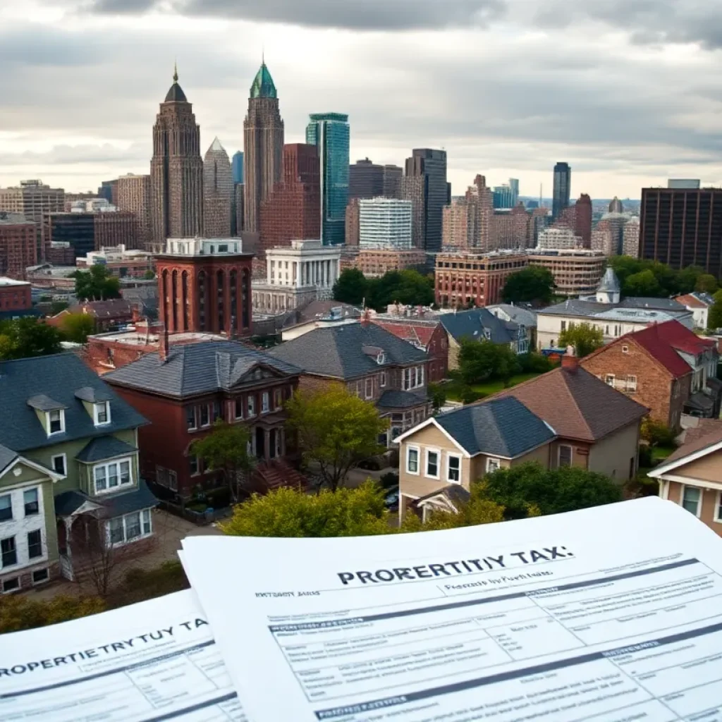 Cleveland skyline with property tax documents