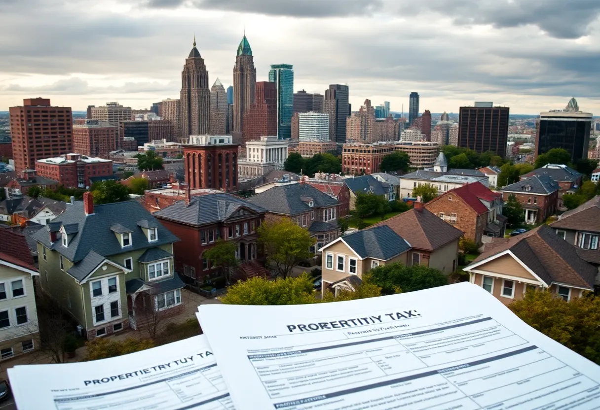 Cleveland skyline with property tax documents
