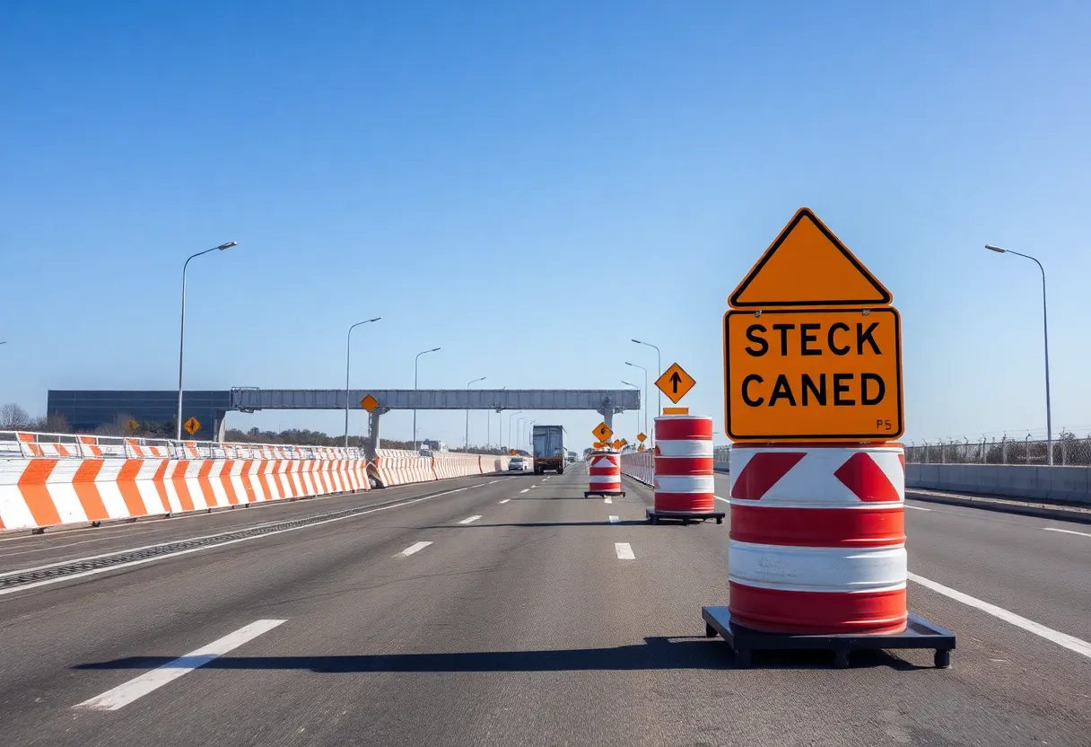 Construction zone with safety signs and vehicles