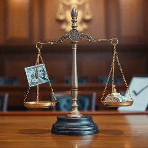 A gavel and legal documents in a courtroom