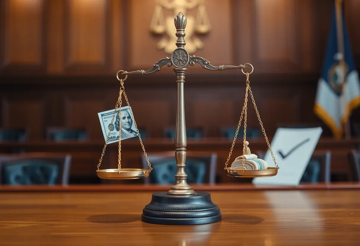 A gavel and legal documents in a courtroom