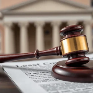 A courtroom with a gavel and legal documents