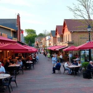 Outdoor dining scene in Geneva-on-the-Lake with restaurants and lake view.