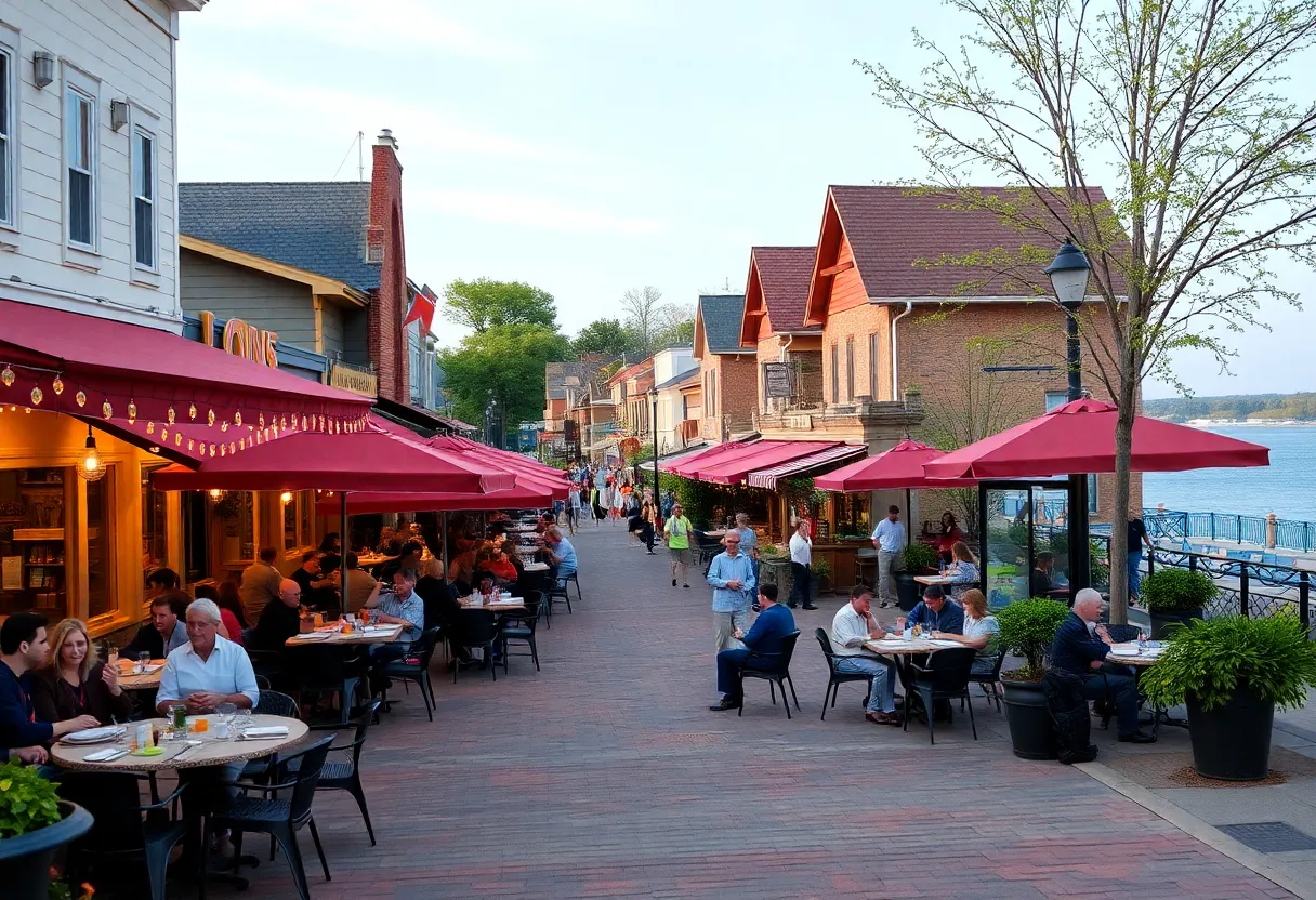 Outdoor dining scene in Geneva-on-the-Lake with restaurants and lake view.