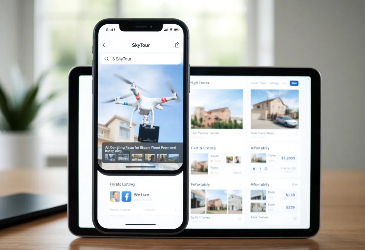 Modern technology tools for real estate, showcasing drone views and rental options.