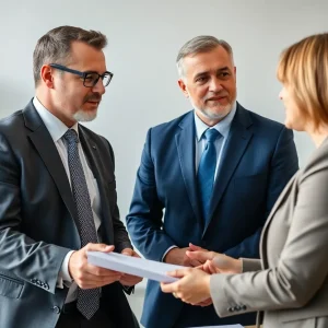 A lawyer consulting with a client in an office setting, demonstrating effective communication and professionalism.