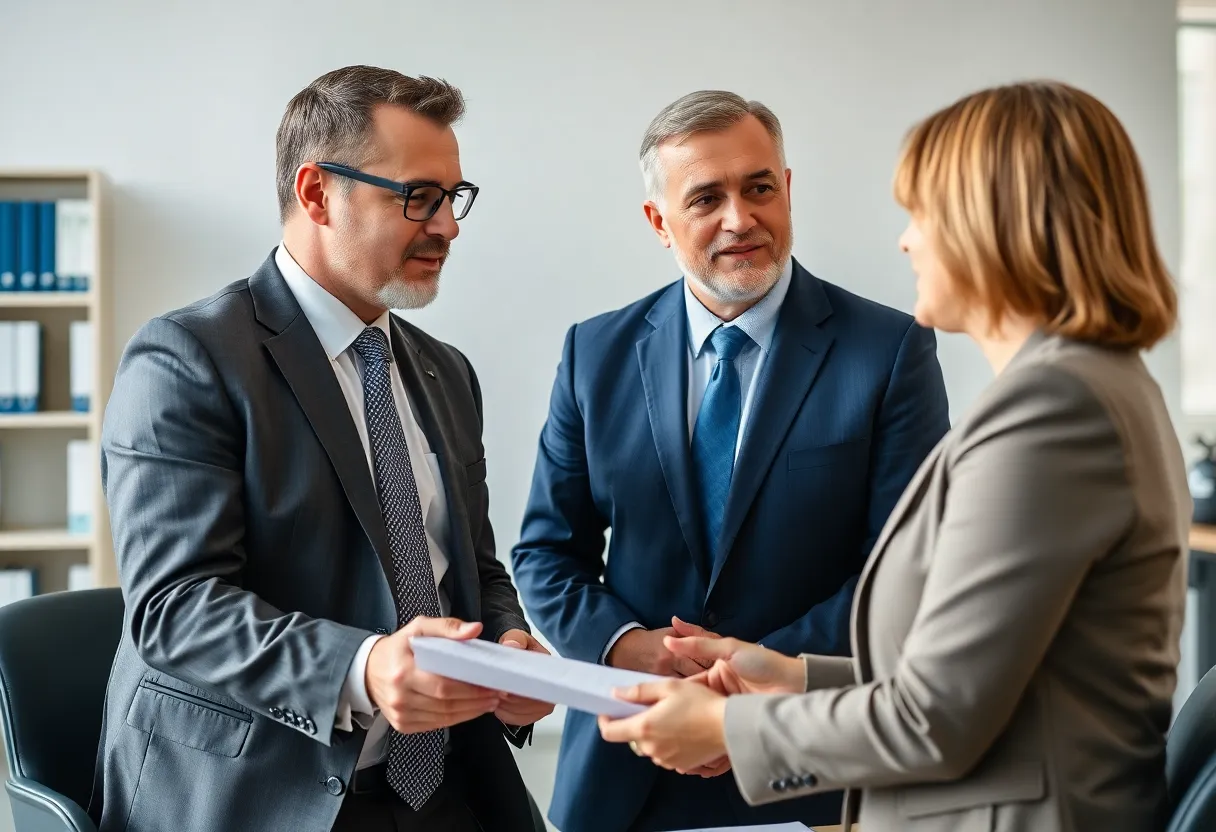 A lawyer consulting with a client in an office setting, demonstrating effective communication and professionalism.