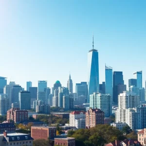 New York skyline with blockchain representation for real estate tokenization