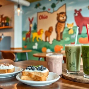 Interior of Toastique café showcasing healthy food options and Ohio-themed mural.