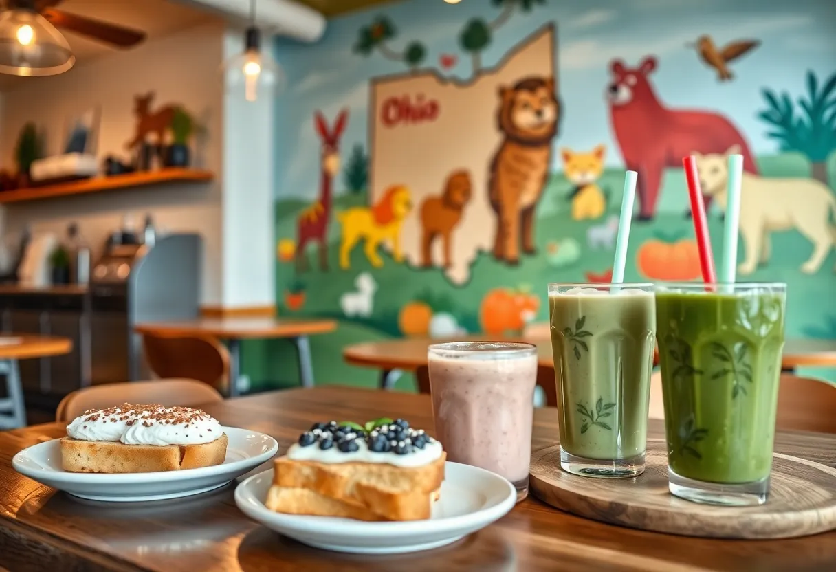 Interior of Toastique café showcasing healthy food options and Ohio-themed mural.