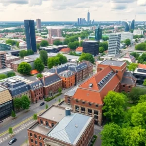 A cityscape view of Utrecht and Eindhoven illustrating modern architecture and technology.