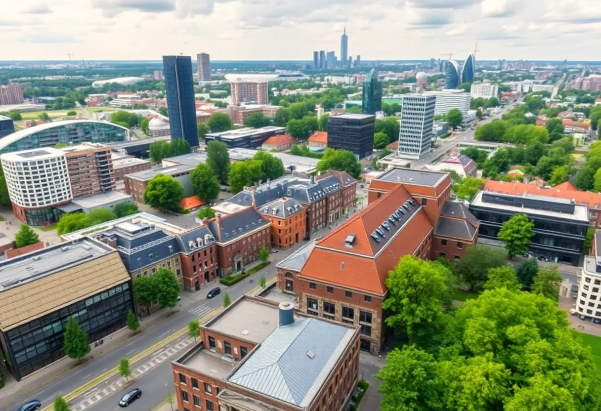A cityscape view of Utrecht and Eindhoven illustrating modern architecture and technology.