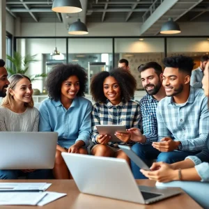 Young adults examining homeownership strategies in a city environment