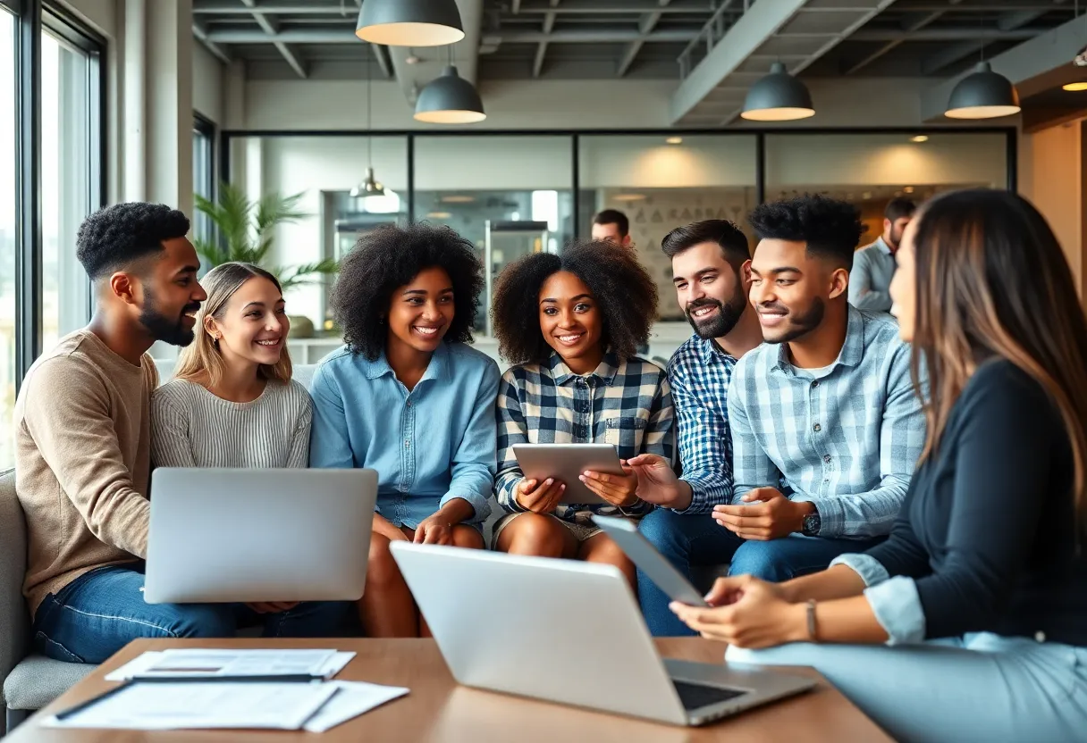 Young adults examining homeownership strategies in a city environment