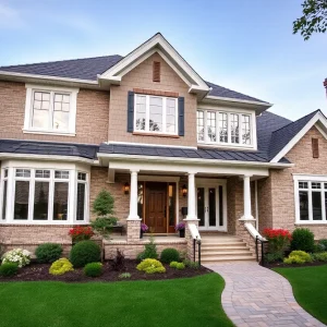 A stunning exterior design of a home in Cleveland, OH with landscaped gardens.