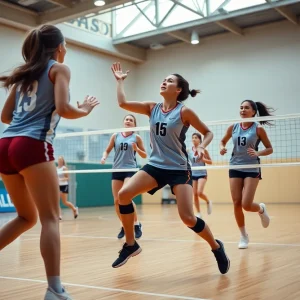 Akron volleyball players competing in a match against Cleveland State.