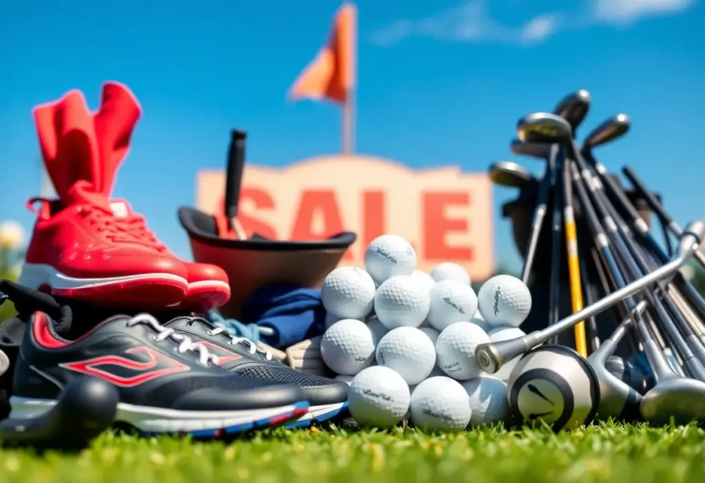 Colorful golf balls and stylish golf shoes on a golf course