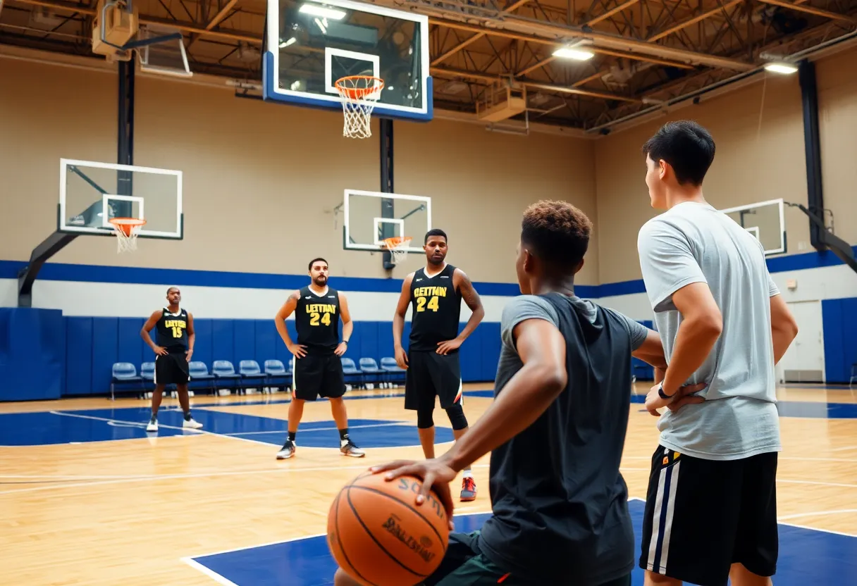 Coaching session for basketball players on a court.