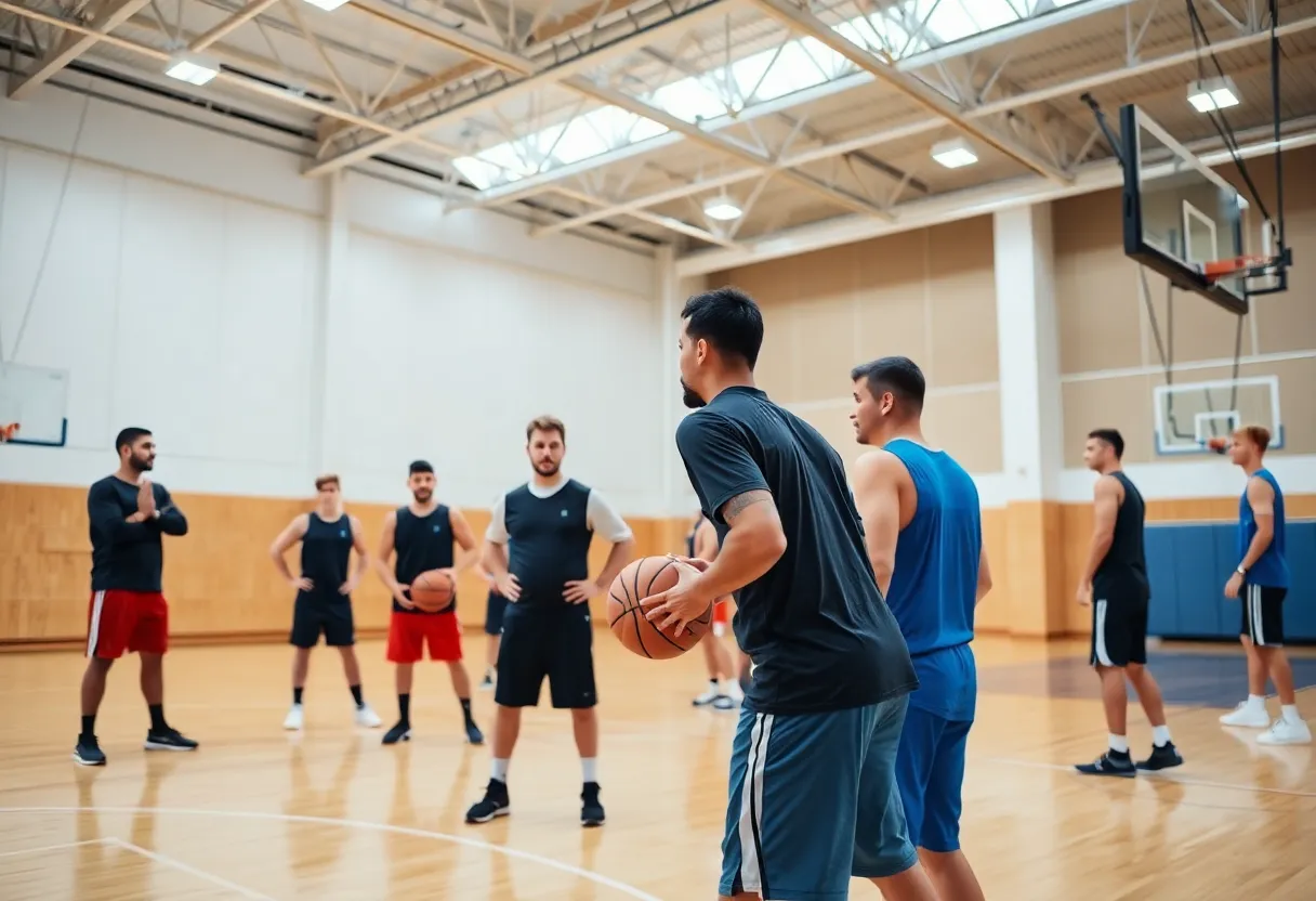 Coaches directing basketball players during training