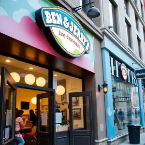 Exterior view of Ben & Jerry's ice cream shop in downtown Cleveland