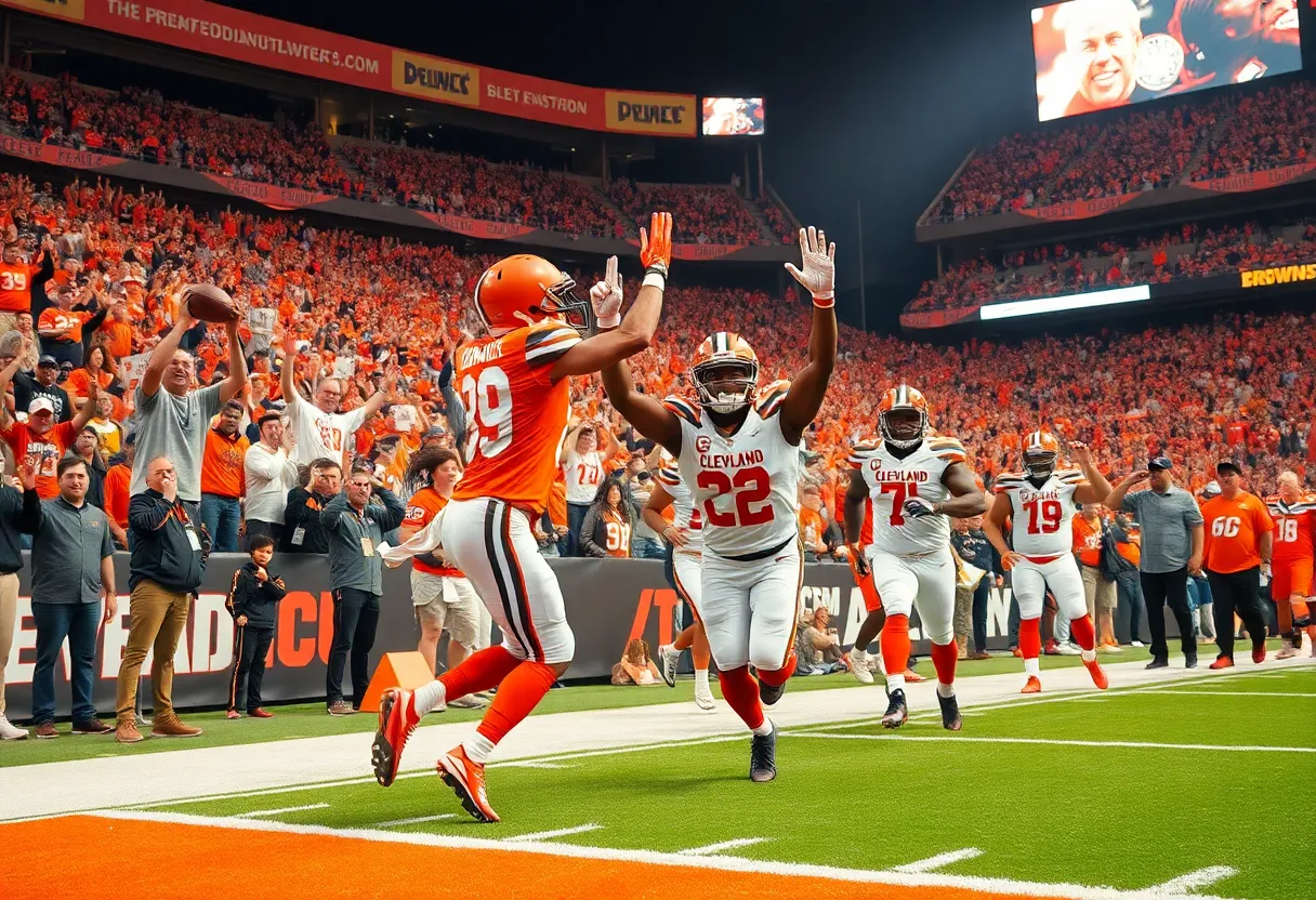 Cleveland Browns players celebrating a touchdown during a game