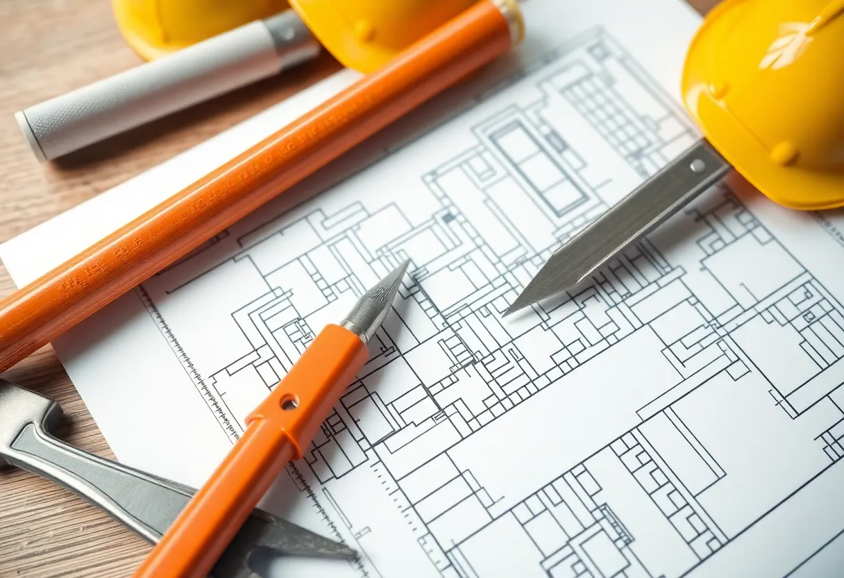 Construction tools and architectural plans representing the building industry.