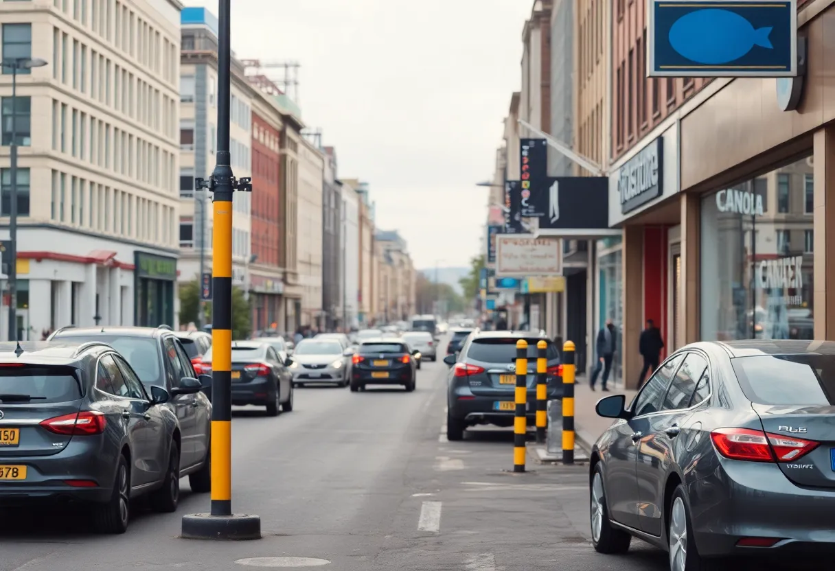 Image showing a busy urban area with cars near businesses, highlighting safety concerns