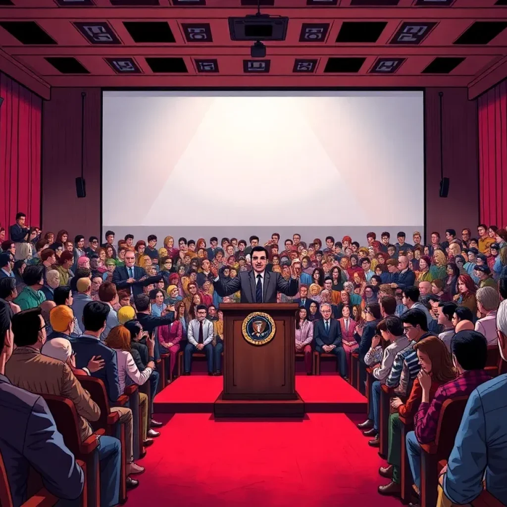 Scene illustrating an auditorium during a political event