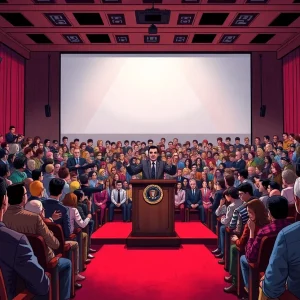 Scene illustrating an auditorium during a political event