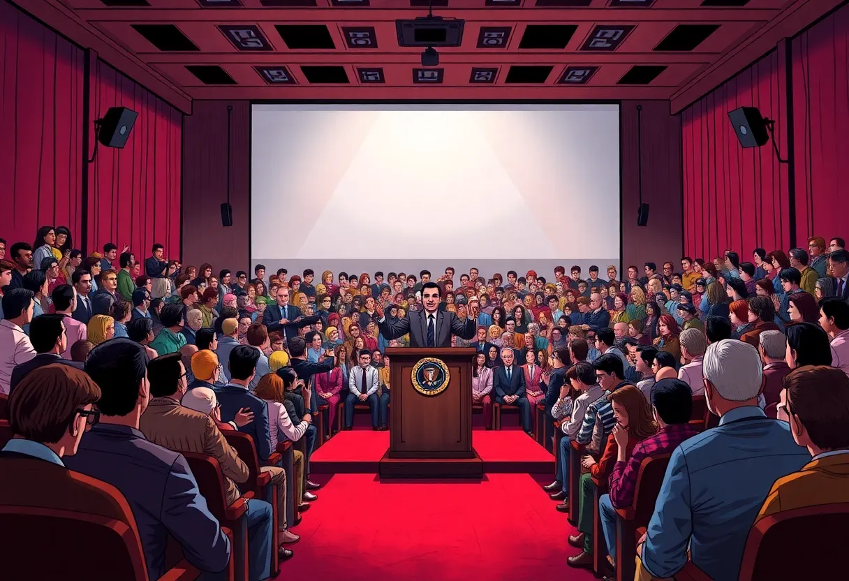 Scene illustrating an auditorium during a political event