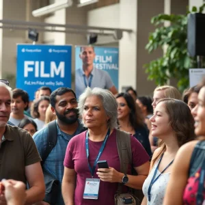 A lively scene from a film festival showcasing community engagement and diverse filmmakers.