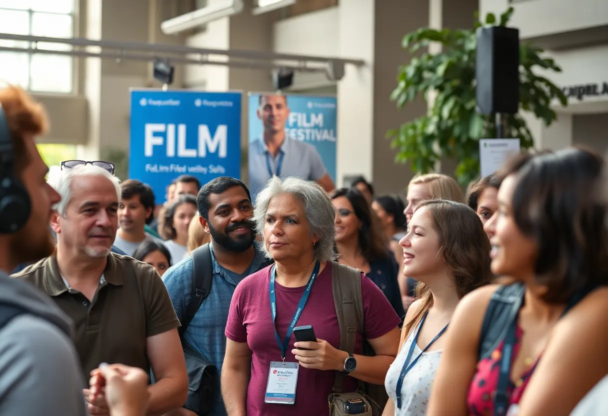 A lively scene from a film festival showcasing community engagement and diverse filmmakers.