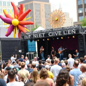Crowd enjoying the Cleveland Arts Festival with performers on stage.