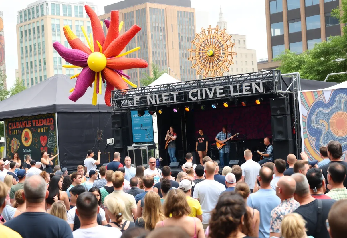Crowd enjoying the Cleveland Arts Festival with performers on stage.