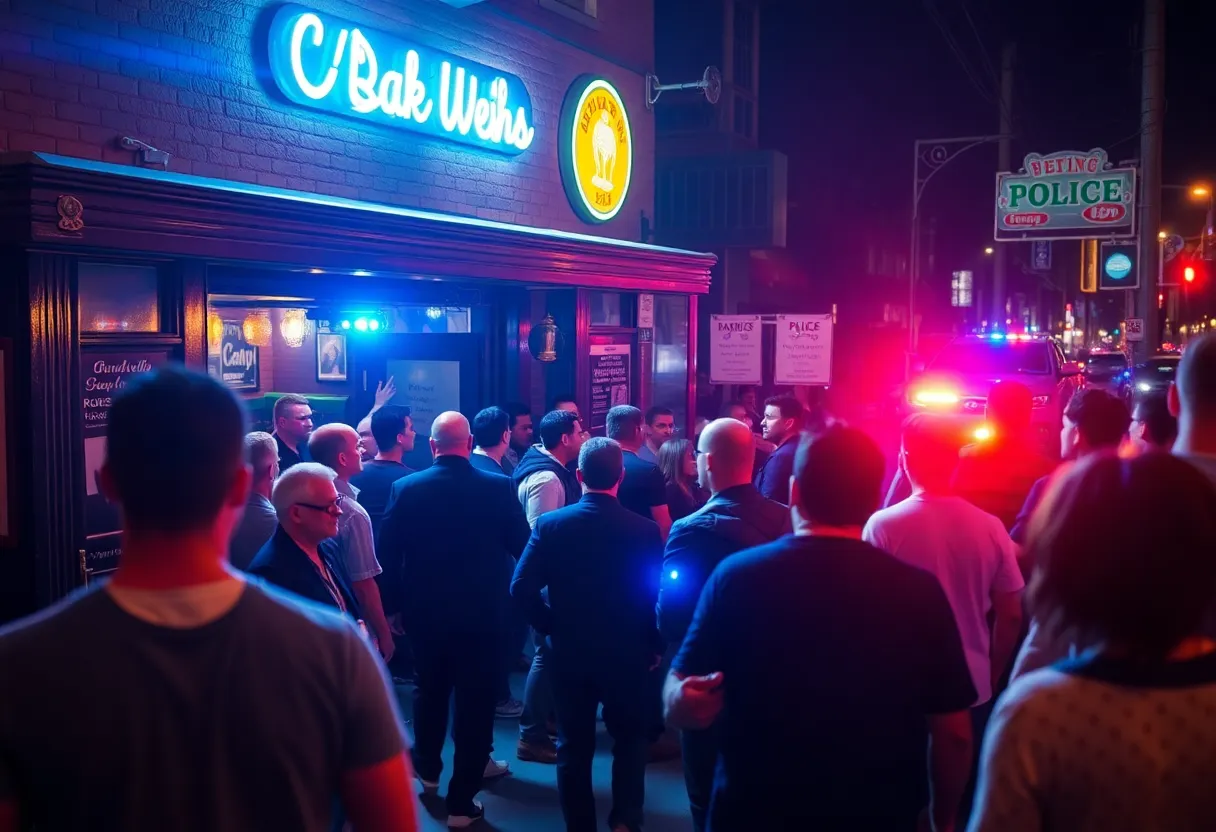 Police lights flashing outside a bar in Cleveland after a shooting incident