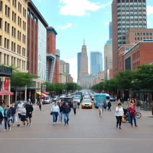 Cleveland cityscape with people visiting local attractions