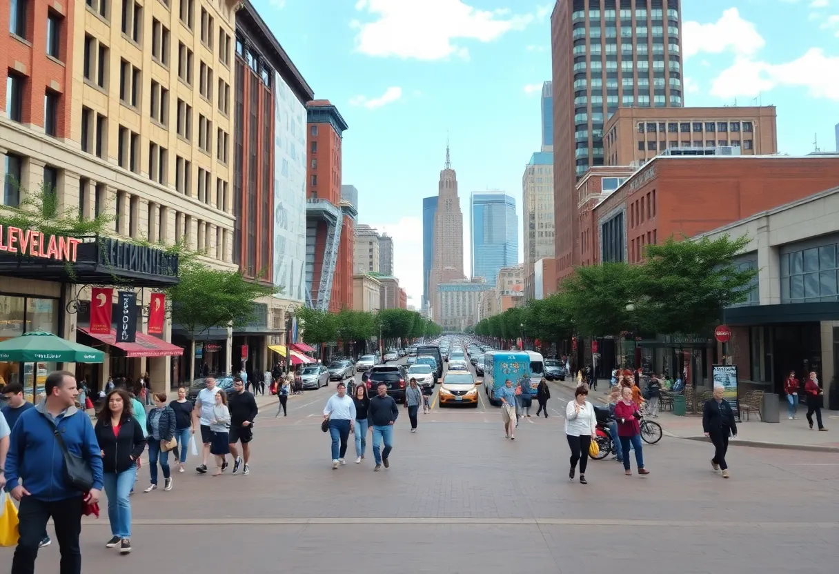 Cleveland cityscape with people visiting local attractions