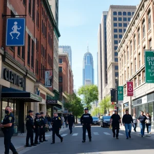 A vibrant Cleveland street scene showcasing community initiatives and police presence.