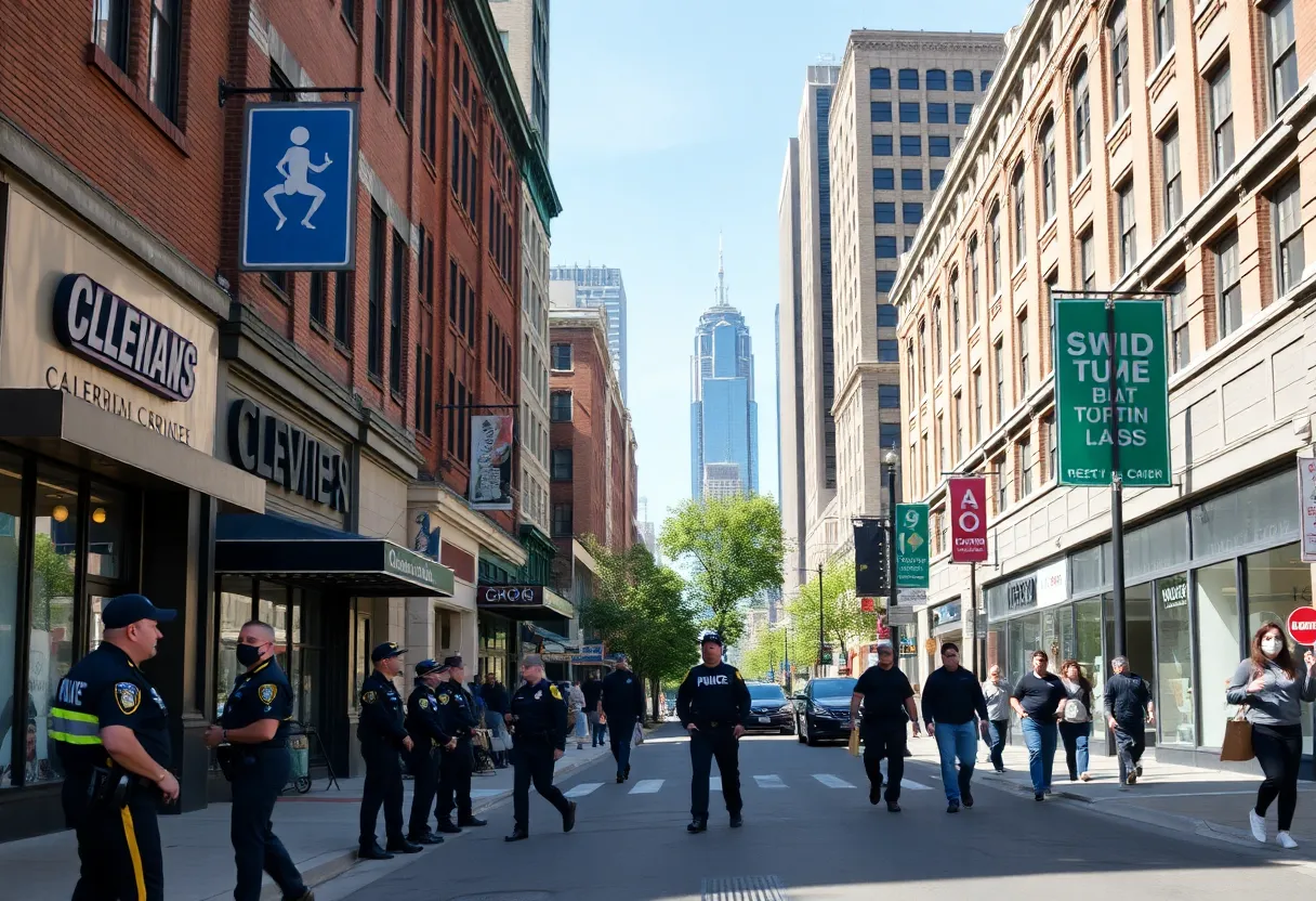 A vibrant Cleveland street scene showcasing community initiatives and police presence.