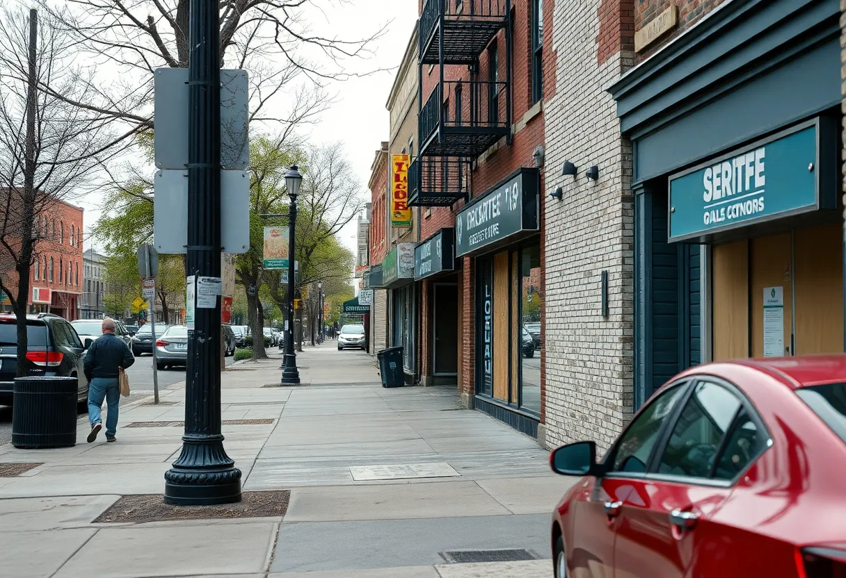 Cleveland urban scene with boarded-up businesses
