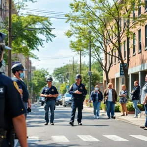 A neighborhood street in Cleveland showcasing community police engagement and safety initiatives.